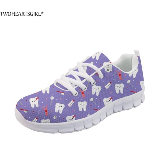 Twoheartsgirl Designer Dental Pattern Sneakers Women Flats Lace-up Casual Shoes Stylish Purple Women Mesh Flats Shoes Breathable