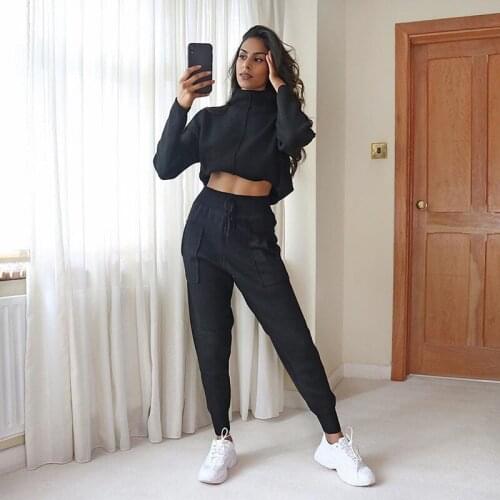2 Piece Set Women 2021 Spring New Fashion All-match High-neck Cropped Sportswear Casual Simple Style Sweater Suit