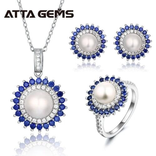 Natural Fresh Water Pearl Sterling Silver Jewelry Set Created Blue Sapphire Women' Favorite Classic Jewelry Set for Wedding
