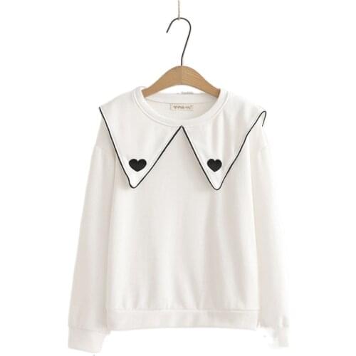 Heart Embroidery Sailor Collar Harajuku Pullover Sweatshirt Women 2021 Winter Long Sleeve Korean Fashion Ladies Kawaii Top