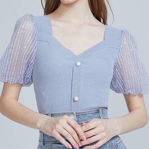 Sweet Girl Square Neck Bling Mesh Puff Sleeve Princess Slim Fit Cardigan Women Sweater Knitted Top Pull Femme Jersey Mujer