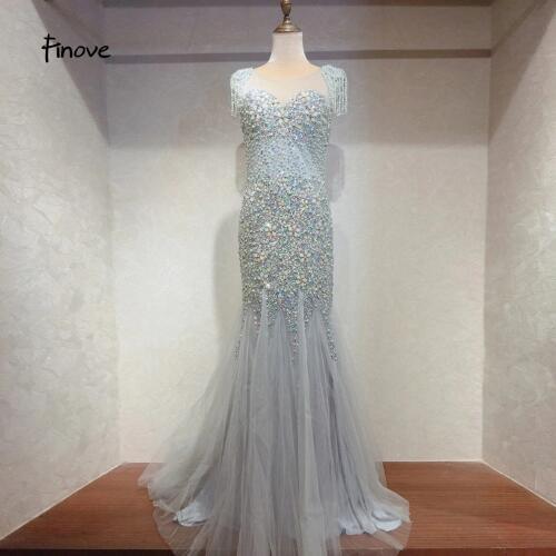 Finove Grey Mermaid Evening Dress 2020 New Sexy With Pearls Beading Tassel Long Floor Length Dress Elegant Party Dress For Women