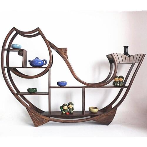 Zq Rosewood Fish-Shaped Duobao Pavilion Solid Wood Wall-Mounted Tea Set Stand Purple Sand Teapot Shelf Bonsai
