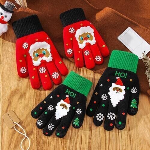 1 Pair Christmas Men Women Knitted Gloves Santa Claus Printed Touch Screen Gloves Autumn Winter Adult Child Full Fingers Mittens
