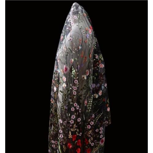 1 yard Heavy Embroidered Lace Fabric With Blue Colorful Florals Deluxe Embroidery Mesh Lace Fabric