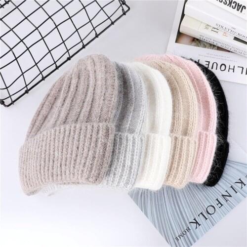 2021 Winter Hat for Women Rabbit Cashmere Knitted Beanies Thick Warm Vogue Ladies Wool Angora Hat Female Beanie Hats