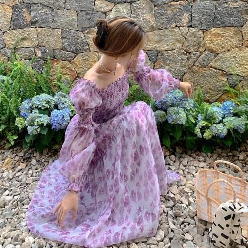 2021 New purple Floral Print Dress Sweet Square Neck Puff Sleeve Long sleeve Maxi Dresses for Women Seaside vacation dress