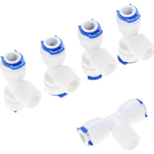 5Pcs Reverse Osmosis System Fitting T Shape Tee 1/4" OD Hose To 1/4" BSP Male Thread RO Water Plastic Pipe Quick Connector