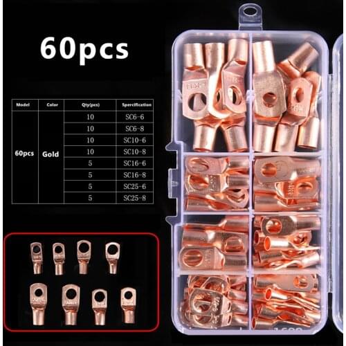 60pcs Copper Terminal Box O Ring Combination Splice Cable Lugs Battery Terminals Set SC6-25 Wire Connector Crimped