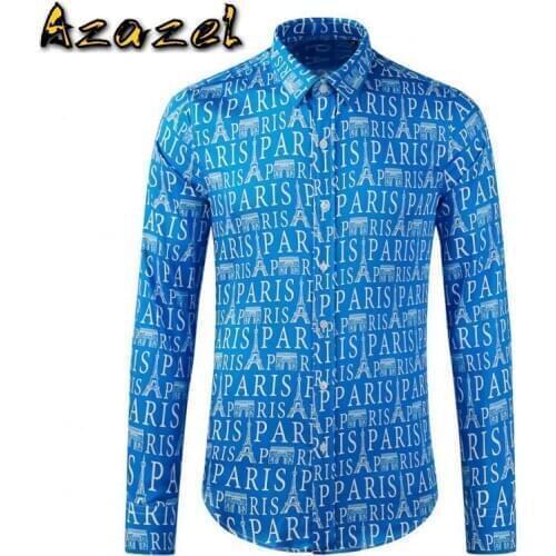 Azazel Blue Mens Shirts Luxury Eiffel Tower Printed Long Sleeve Mens Dress Shirts Fashoin Slim Fit Party Male Shirts 3XL