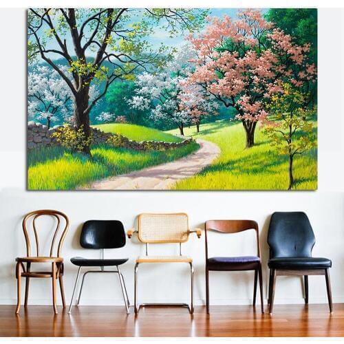 JQHYART Flowers and Trees Spring Oil Painting Canvas Wall Pictures for Living Room Home Decor Posters and Prints No Frame