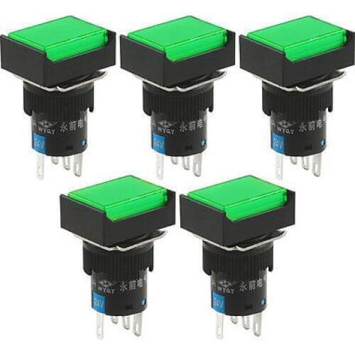 DC 24V Green Lamp 1NO 1NC Latching Rectangular Push Button Switch 5 Pcs
