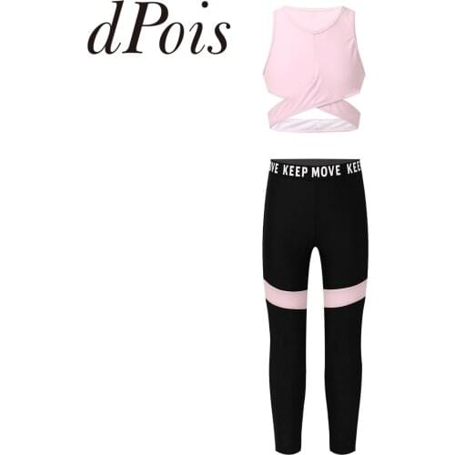 2Pcs Kids Girls Tracusuit Sweatsuits Sport Clothes Racer Back Top + Color Block Pants Kids Ballet Gym Dancewear Sport Yoga Set