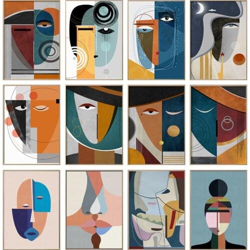 Modern Figure Abstract Geometric Canvas Painting Contemporary Art Poster Print Faces Wall Art Picture for Living Room Home Decor
