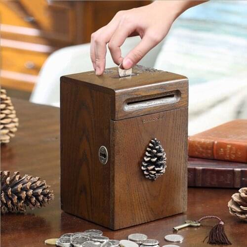 American Retro piggy bank,Solid wood handmade art，Child coin box Home decoration money saving box， A-B Style With built-in lock