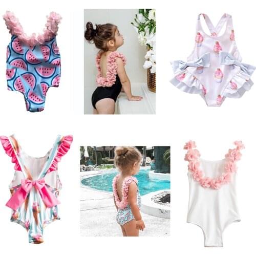 Summer Toddler Baby Girls Kids Print Backless Flower One-Piece Swimsuits Beachwear Bathing Swimwear Infant Holiday Swimming
