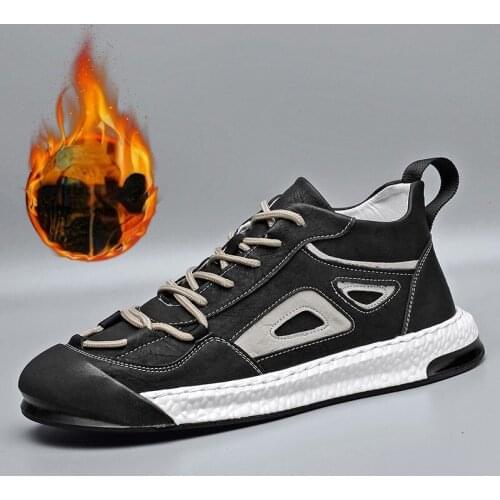 Mens Leather Casual Shoes Plus Cotton Autumn and Winter Shoes Mens Cotton Shoes Black Leather Boots Plus Velvet Snow Boots