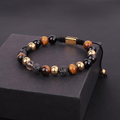 High quality natural stone men jewelry stainless steel gold beads brown tiger eye braided men friendship bracelet gift