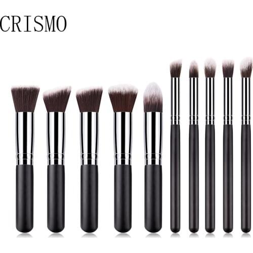CRISMO Black Complete Professional Foundation Powder Concealer Contour Eyes Blending 10PCS Makeup Brush Set with Synthetic Hair