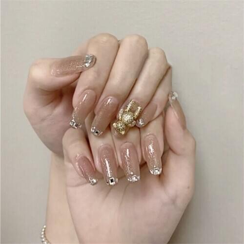 New milk tea cream pure color with golden bear 3d decorated fake nails Ins bride false nails with glue lady full nail tips