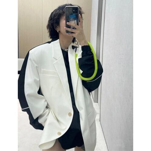2021 Fall New Coat Casual Trend Suit Black and White Color Matching Design Sense Mid-Length Loose Suit
