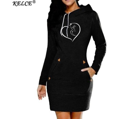 2021 Autumn Winter Womens Hoodie Dress Love Cat Pattern Leisure Trendy Hooded Tops Male Pullover Multi Pocket Slim Sweatshirts