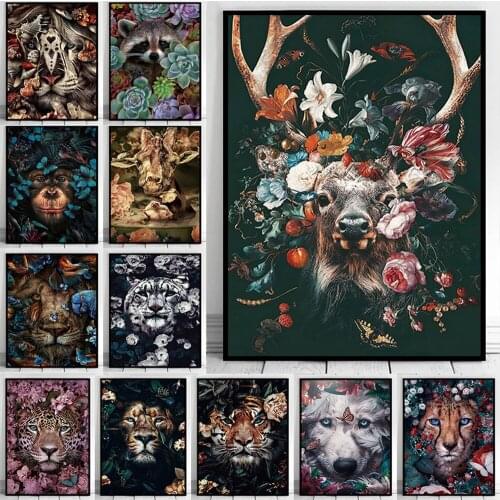 Nordic Modern Flowers And Animals Canvas Wall Art Decorative Abstract Lion Tiger Deer Posters And Prints Picture For Home Decor