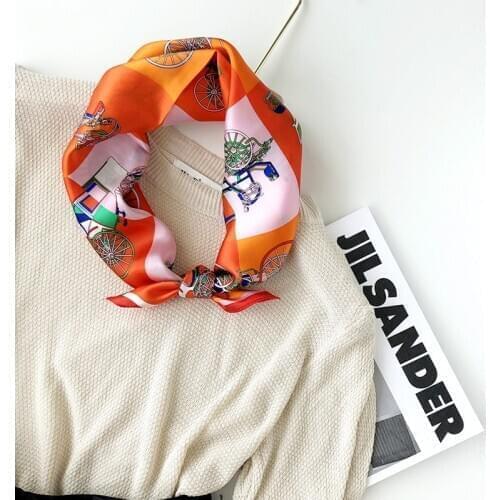 Luxury 100% Silk Scarf Shiny Bandana Women Fashion Carriage Print Neckerchief Stylish Hip Hop Headband Turban 53*53cm