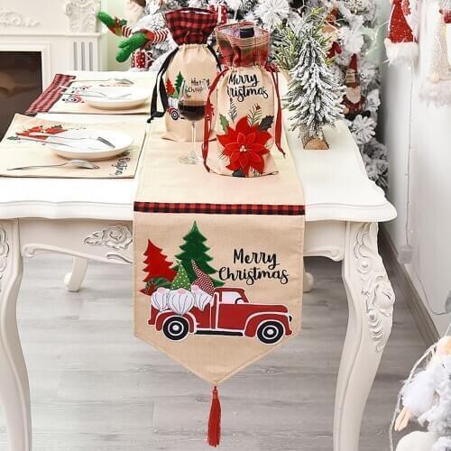 Christmas Table Runner Placemat Creative Cartoons Car Pattern Linen Embroidery Table Flag Tablecloth Home Decor for Xmas Party