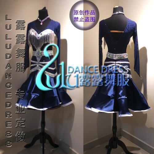 Navy Blue latino Samba Costume vestito Sexy Salsa latino dancewear latino sala da ballo di danza in costume cha-cha
