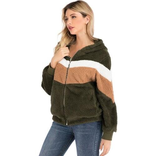 Teddy Cozy Faux Fur Hoodies Women Striped Long Sleeve Hooded Zip-up Sweatshirt Casual Thick Warm Autumn Clothes Poleron Mujer