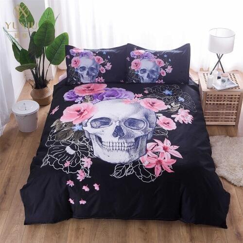 YuXiu Bedding Sets 3D Flower Skull Red Duvet Covers 3Pcs Set Bed Linen Quilt Cover King Queen Full Twin Double Single
