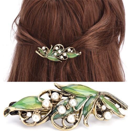 Fashion Women Retro Enamel Leaf Barrettes Ancient Bronze Alloy Hairpin Girls Folwer Hair Clip Pearl Hair Accessories