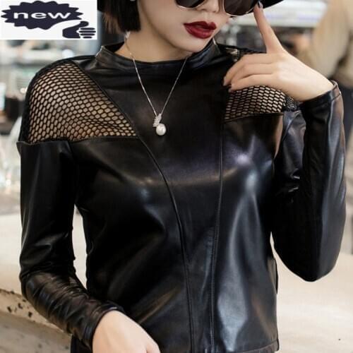 New Female Hollow Out Genuine Sheep Leather Spliced Women Solid Black Long Sleeve O Neck Collar Blouse Sheepskin Streetwear
