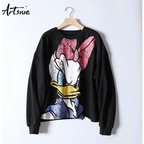 Artsnie black casual cartoon print women sweatshirt autumn 2019 o neck drop shoulder hoodies knitted streetwear sweatshirts