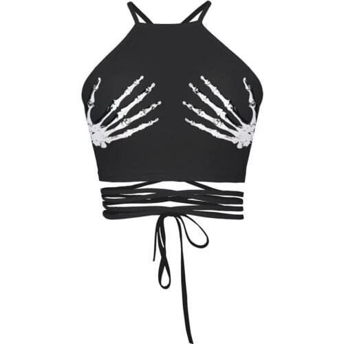 W-Yunna 2019 New Summer Sexy Crop Top Fashion Cat Tai Chi Tree Alien Gothic Streetwear Skull Croptops Women Lace Up Halter Top
