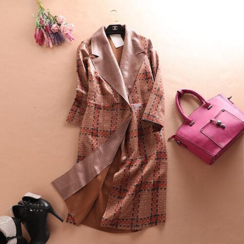 Women Suede Trench Coat Plaid Snakeskin Pattern Fashion Autumn Casual Long Sleeve Windbreaker Female British Style Outwear M408