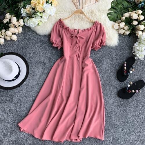 Vintage 2021 Sexy Off Shoulder Ruffles Lace Up Summer Midi Dress Party Women High Waist Dresses Beach A-Line Vestido de festa