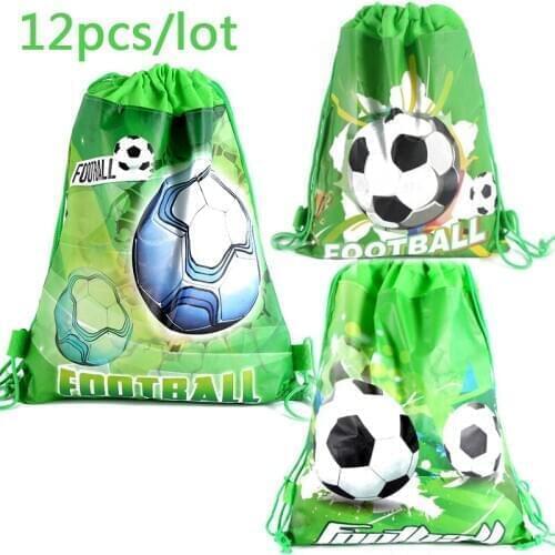 12pcs/lot Football Theme Backpack Happy Birthday Party Non-woven Fabrics Soccer Ball Drawstring Gifts Bag Baby Shower Mochila