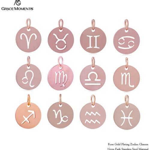 Grace Moments 12mm Rose Gold Color Zodiac Pendant Popular Charms, all 12 Signs in a lot Never Fade DIY Jewelry Pendant 12pcs/lot