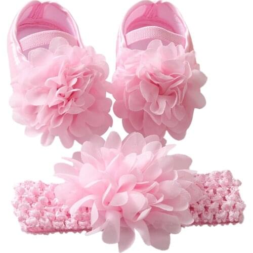 2PCS Baywell Autumn Baby Girl Satin Cloth Flower Princess Shoes Headband Set Toddler Soft Sole Walking Shoes 0-18M