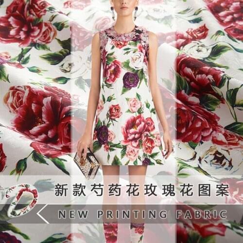 2018 new brand peony flower rose pattern leaf jacquard fabric digital printing cloth fabric for dress factory direct sales