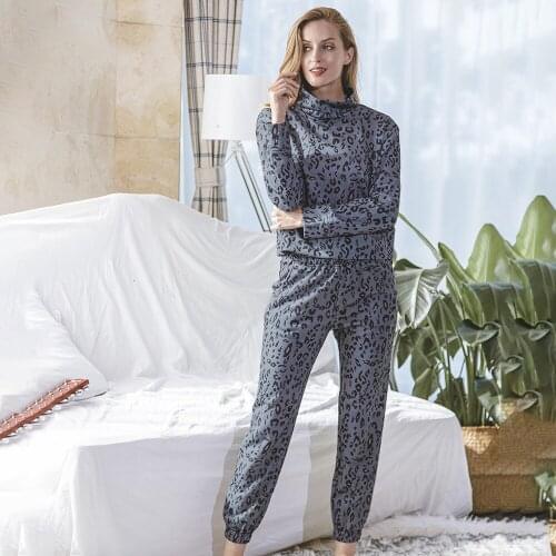 2021 Spring Casual Loose Womens Clothing Stand-up Collar Pullover Long-sleeved Leopard Print Plus Size Home Wear Two-piece Suit