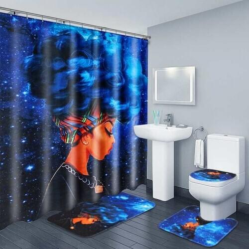 4 Pcs/Set African Woman Toilet Pad Cover Bath Rug Mat Waterproof Polyester Shower Curtain Set for Bathroom Decoration