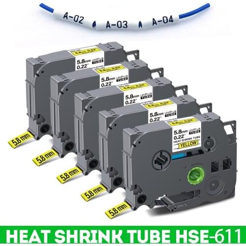 5PK 5.8mm Label Tape Compatible Brother Heat Shrink Tube Tape hse611 hse 611 Black on Yellow Ribbon for PT-P950NW PT-E550W E800W