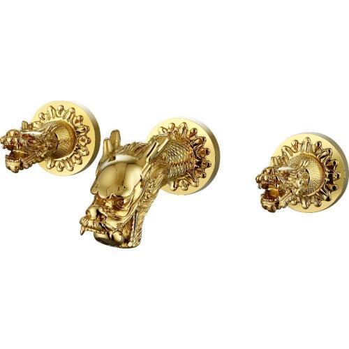 Free ship Gold Color double Handles Widespread Dragon Pattern wall mounted Bathroom Sink Faucet