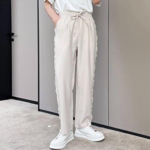 Summer 2021 fashion streetwear casual pants male Korean version of pearl decoration elastic waist straight pants wide leg pants