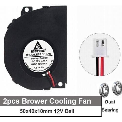 Gdstime 2pcs Fan Cooler 12V 50mm Turbo Turbine Fan 50x10mm 5010 Ball Bearing For 3D Printer Cooling Fan