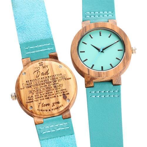 Engraving To My Dad Message Design Wooden Men Watch Blue Simple Round Dial Genuine Leather Watchband Mens Watches Birthday Gift