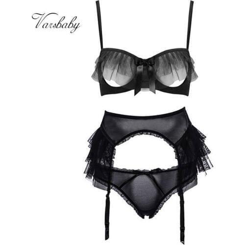 Varsbaby sexy yarn transparent ruffles unlined 3 pieces bra+panty +garter half cup bra sets